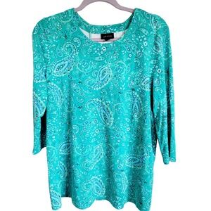 J. Jill Wearever Collection M Paisley Swing Top Blue Aqua 3/4 Slv Rnd Neck‎ New